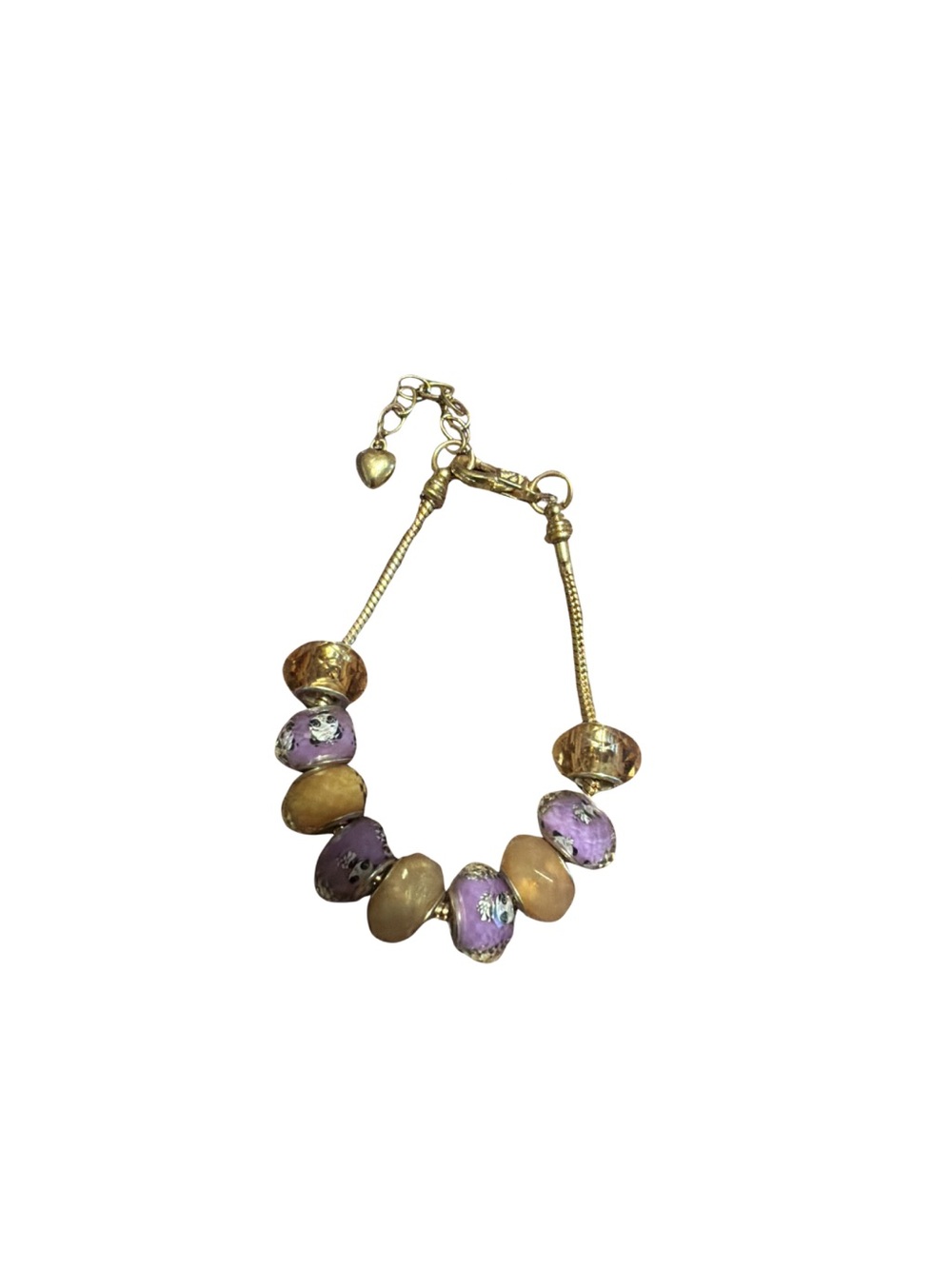Gold Tone Bracelet with Lavender and Beige Murano-Style Beads